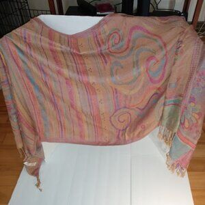 INS: Multi color scarf/wrap with fringe. Measures approx. 28"x71".